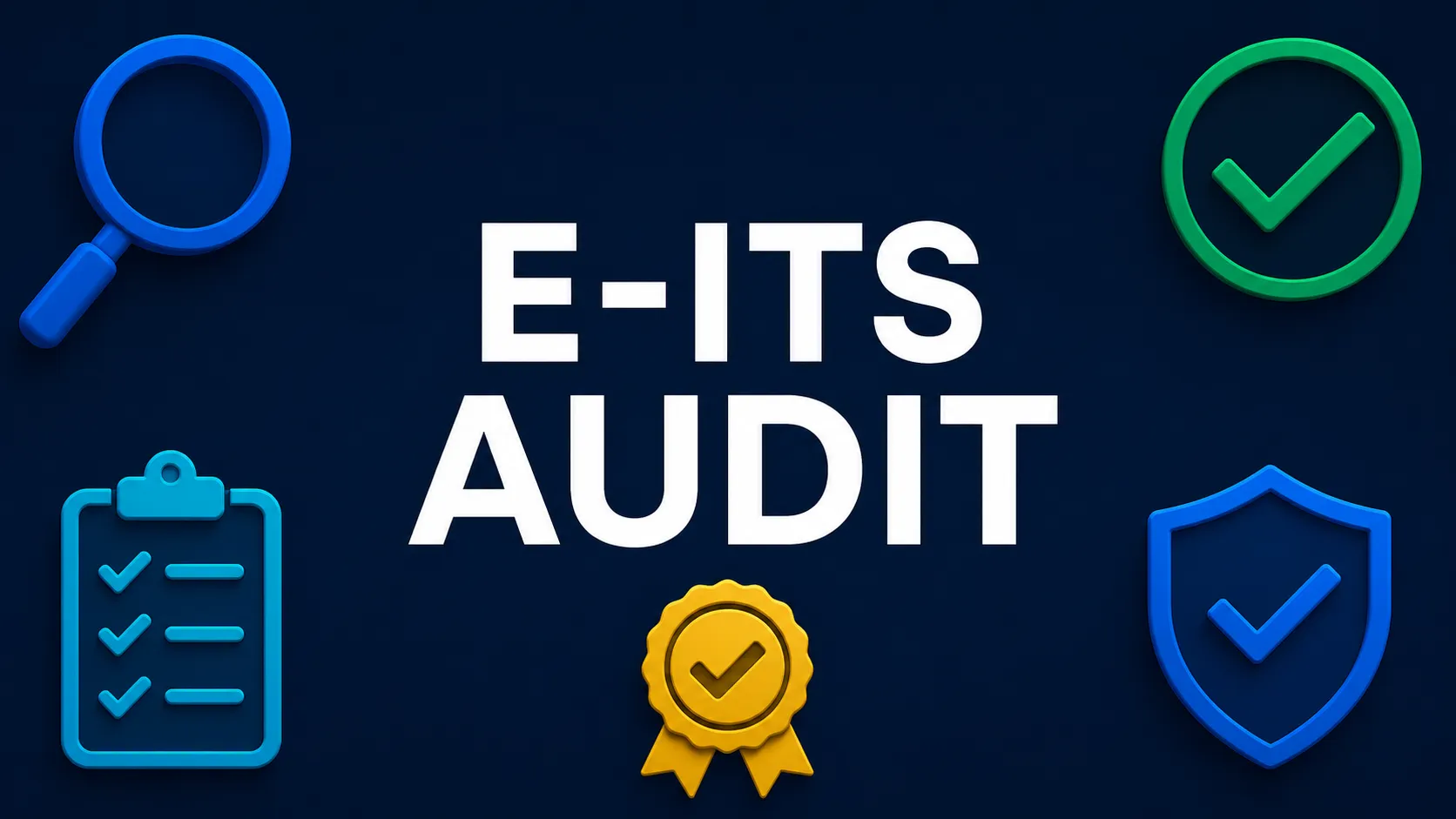 E-ITSi auditit tähistav illustratsioon koos kontrollnimekirja, sertifikaadi ja turbeikoonidega.