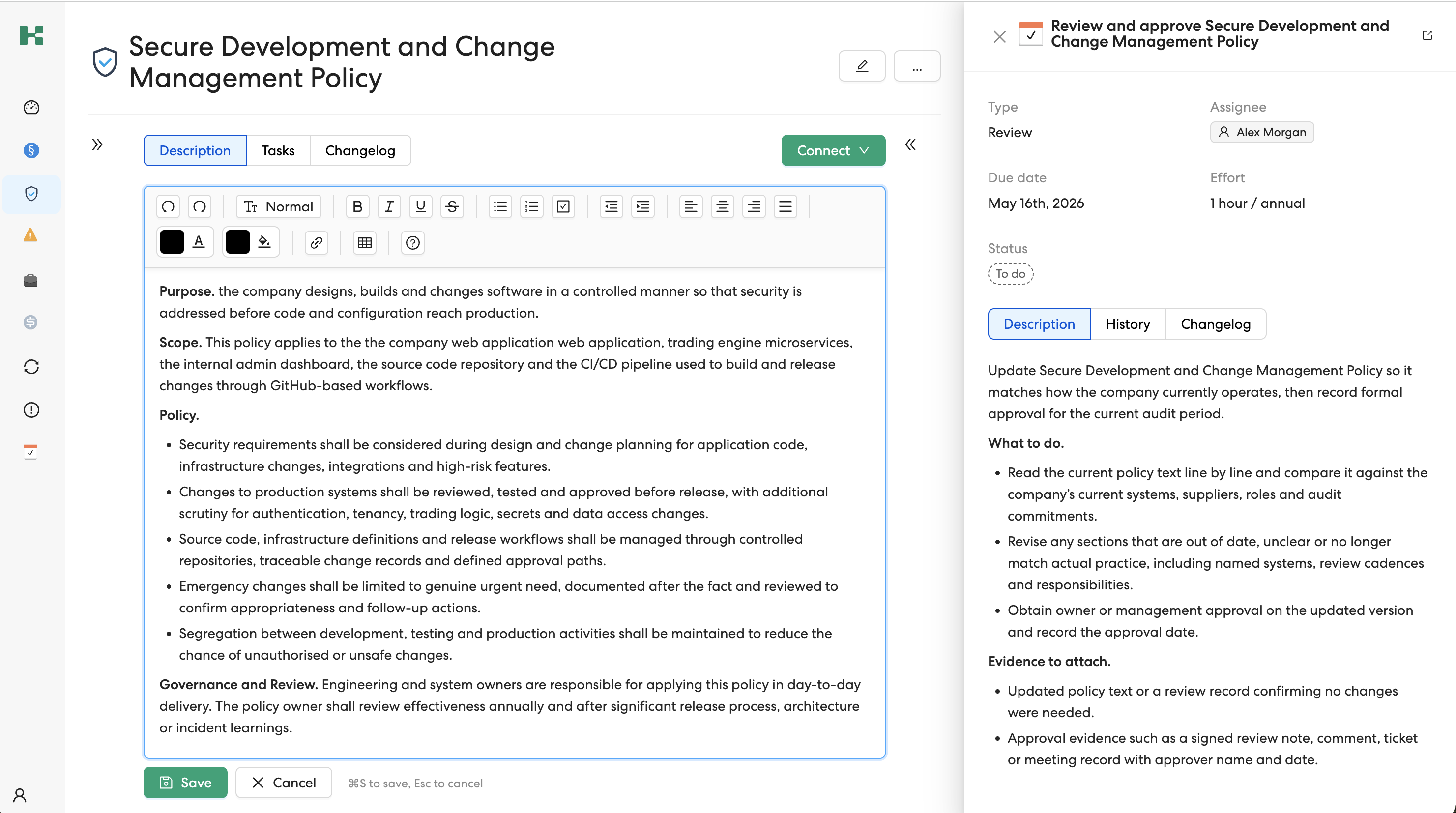 Kordon editing workspace showing a secure development and change management policy with a connected review task in the sidebar